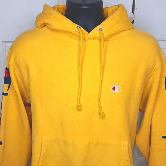 Champion Reverse Weave Flock Script Sleeve Hoodie Size Large Gold and Blue - Picture 2 of 7